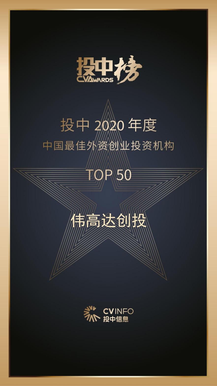 偉高達創(chuàng)投榮膺「投中2020年度中國最佳外資創(chuàng)業(yè)投資機構(gòu)TOP50」