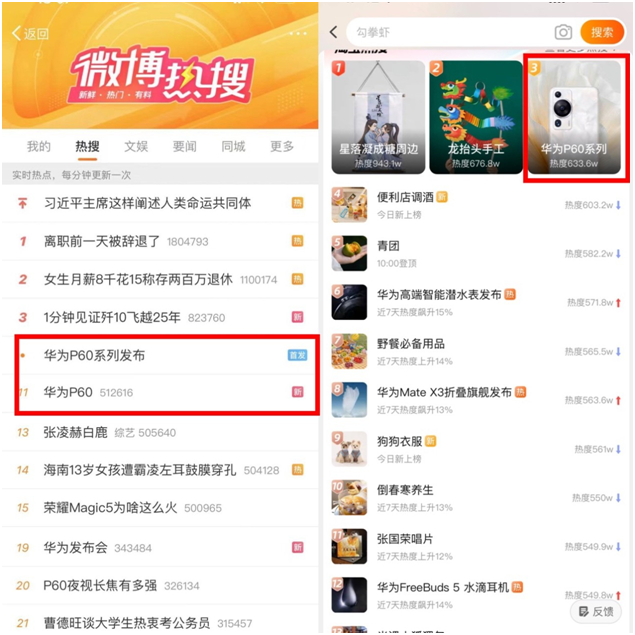 華為P60、Mate X3新品首發(fā)沖上淘寶熱搜